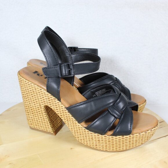 Korks Platform Sandals Womens 11 Black Woven Heel Strappy Y2K Comfort Chunky - Picture 1 of 11